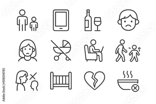 Family dynamics and emotional expressions depicted in simple line icons illustrating different relationships and activities