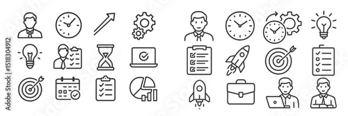 Collection of icons representing business concepts including time management, goal setting, and growth strategies
