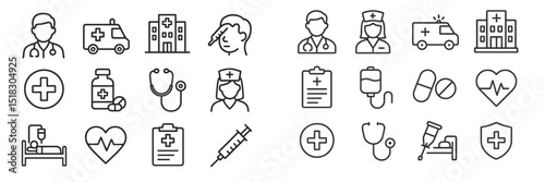 Collection of healthcare icons depicting medical professionals, equipment, and symbols in a clean design suitable for health-related projects