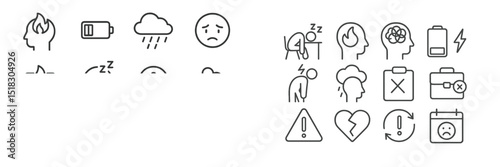 Collection of minimalist outline icons representing various emotions and states of well-being on a white background