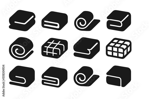 Various rolled and folded shapes depicting different types of fabric or material arrangements in a minimalistic design style