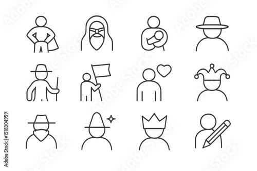 Creative line art illustrations depicting various characters and personas in simple, minimalist style showcasing diverse themes