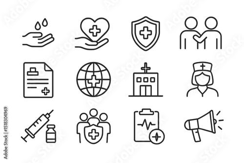 Health and wellness icons depicting various aspects of medical care and community support at a healthcare event