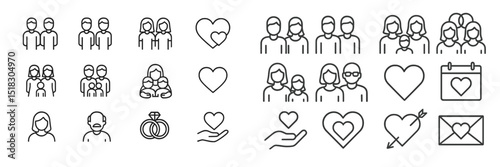 Various icons representing love, family, and relationships in minimalistic designs for graphic projects