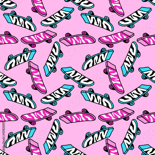 Colorful skateboard pattern on pink background photo