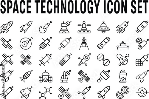 Space Technology Icon Set Line Art Graphic Design Elements Rocket Satellite Exploration Universe Astronomy Futuristic Modern Simple Clean Vector Illustrations Digital Download Premium Quality Icons   