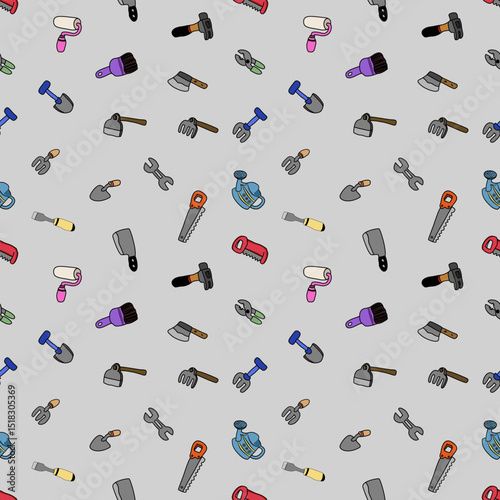 Garden tools pattern on grey background