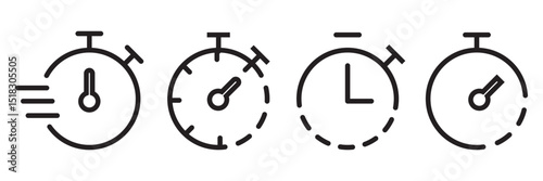 Timer icon set. Alarm clock symbol. Watch countdown vector illustration. Stopwatch sign. Hours, minutes and seconds concept. Simple express pictogram outline collection