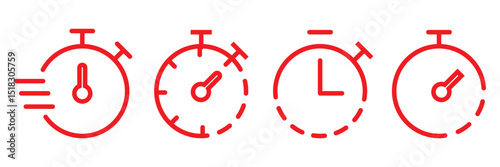 Timer icon set. Alarm clock symbol. Watch countdown vector illustration. Stopwatch sign. Hours, minutes and seconds concept. Simple express pictogram outline collection