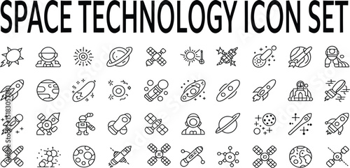 Space Technology Icon Set Line Art Graphic Design Elements Astronaut Rocket Planets Stars Satellite Exploration Universe Galaxy Cosmic Science Fiction Futuristic Vector Illustration Design sun moon   