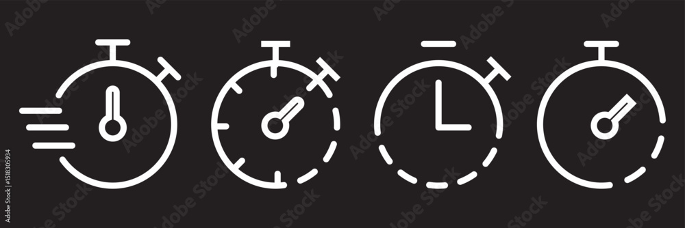 Timer icon set. Alarm clock symbol. Watch countdown vector illustration. Stopwatch sign. Hours, minutes and seconds concept. Simple express pictogram outline collection Timer icon set. Alarm clock symbol. Watch countdown vector illustration. Stopwatch sign. Hours, minutes and seconds concept. Simple express pictogram outline collection