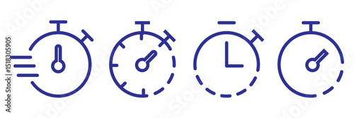 Timer icon set. Alarm clock symbol. Watch countdown vector illustration. Stopwatch sign. Hours, minutes and seconds concept. Simple express pictogram outline collection