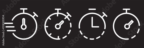 Timer icon set. Alarm clock symbol. Watch countdown vector illustration. Stopwatch sign. Hours, minutes and seconds concept. Simple express pictogram outline collection