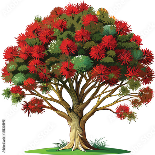 Detailed Red Flowering Pohutukawa Tree Illustration