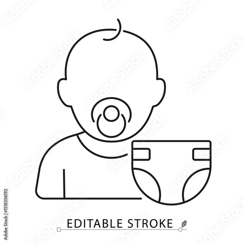 Baby icon with pacifier and diaper in minimal black outline style on white background. Editable stroke vector for newborn hygiene, infant care, parenting or baby products. Concept: baby hygiene.