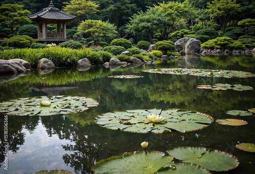 Serene Japanese Garden Pond with Large Green Lotus Leaves – Peaceful Nature Scene