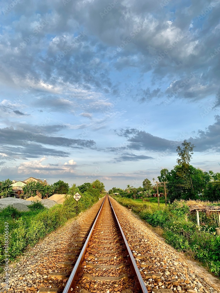 Fototapeta premium Railroad track stretching into the horizon through countryside 
