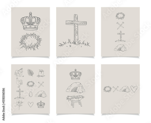  Christian Line Symbols Sketch Posters, Religion Hand Drawn Art, Biblical symbols doodle, Wall decor