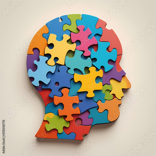 Wooden head shape brain made of colorful puzzle pieces 