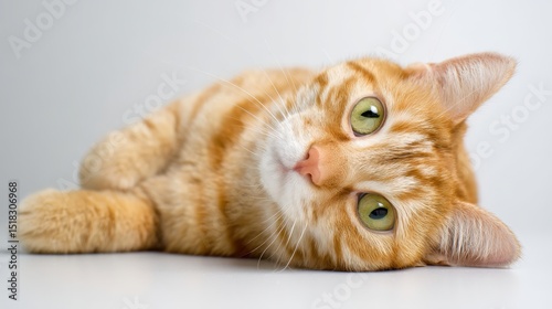 The adorable orange cat resting and curiously looking at the camera. photo