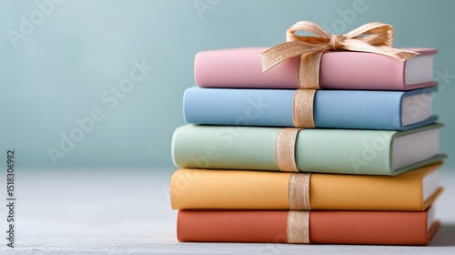 Stack of pastel colored books tied with golden ribbon on a light surface with minimal background perfect for back to school promotions, reading encouragement visuals and knowledge day designs