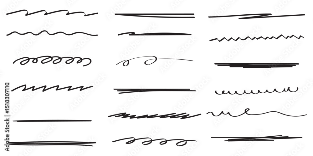 Creative Underline Brush Pack – Text Highlights for Posters & Web Design . Set of  hand drawn marker pen stroke line . 