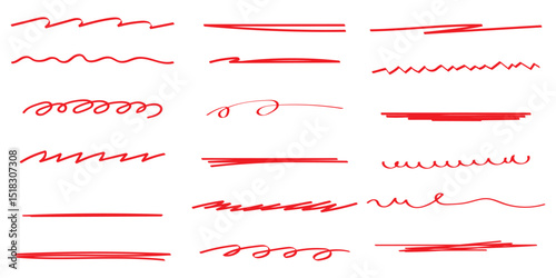 Red marker underline brush stroke set. Marker red pen highlights squiggle stroke.  design element doodle scribble underline .