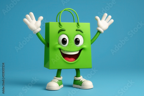 Happy green shopping bag character waving and smiling on blue background