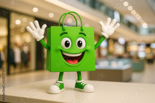 Happy green shopping bag waving inside a mall: retail therapy and consumerism