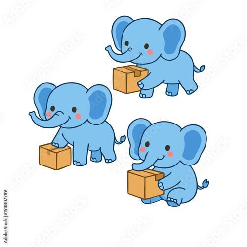 Cute Blue Elephants Delivering Boxes Cartoon Illustration