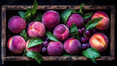 Fresh ripe peaches and grapes in wooden box still life food photography delicious fruit summer harvest