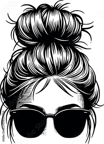 PrintWoman Hair in Messy Bun with Sunglasses Black Silhouette. Messy Bun Silhouette
