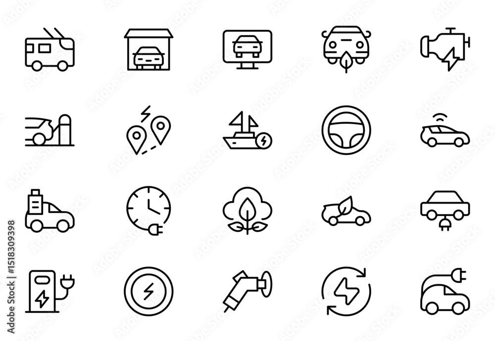 Fototapeta premium Electric Vehicle and Car line Icon Set. A modern collection of icons showcasing electric transportation, perfect for enhancing automotive apps, websites, and sustainability initiatives.