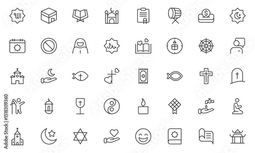 Religious line Icon Set. A meaningful collection of icons representing various faiths and beliefs, perfect for spiritual apps, and community outreach initiatives. Vector illustration