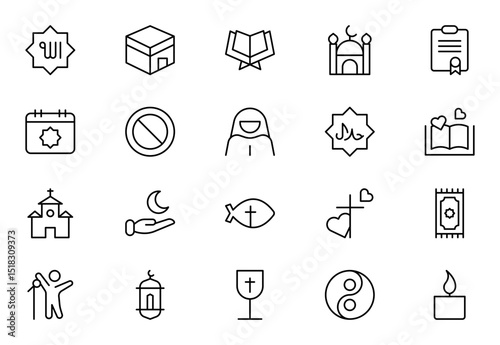 Religious line Icon Set. A meaningful collection of icons representing various faiths and beliefs, perfect for spiritual apps, and community outreach initiatives. Vector illustration