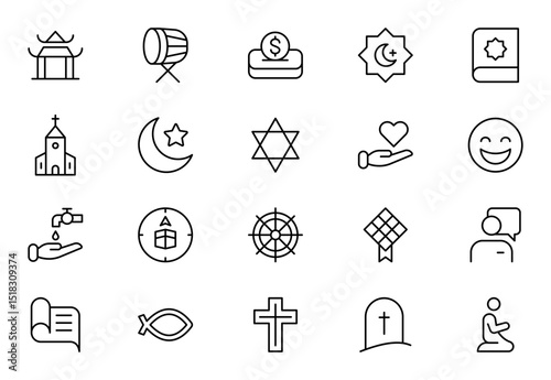 Religious line Icon Set. A meaningful collection of icons representing various faiths and beliefs, perfect for spiritual apps, and community outreach initiatives. Vector illustration