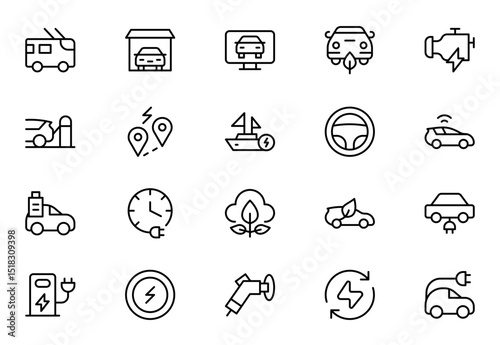 Electric Vehicle and Car line Icon Set. A modern collection of icons showcasing electric transportation, perfect for enhancing automotive apps, websites, and sustainability initiatives.