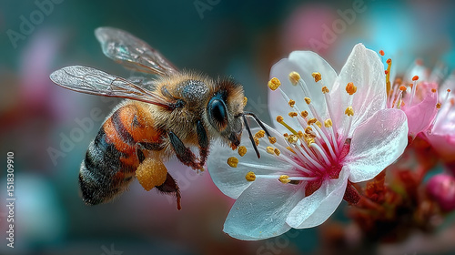 Bee pollinating flower closeup, showcasing intricate details of bee and delicate petals of flower. scene captures beauty of nature and important role of pollinators in ecosystem