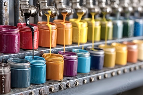 Automated paint factory machines are pouring colorful paint into small cans on a production line, showcasing the manufacturing process of paints and coatings