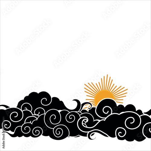Tibetan sky. Asian cloud with moon, sun and stars. Japanese Korean Chinese cloud style. Asian traditional ornaments. Border pattern. Vector illustration