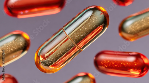 Close up view of dietary supplement capsules in vibrant colors, showcasing their shiny surfaces and unique shapes, creating appealing visual for health enthusiasts