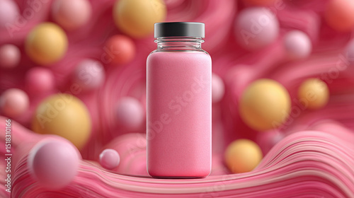 Pink bottle stands prominently against vibrant abstract background filled with colorful spheres, creating lively and energetic atmosphere. design evokes sense of health and vitality, perfect
