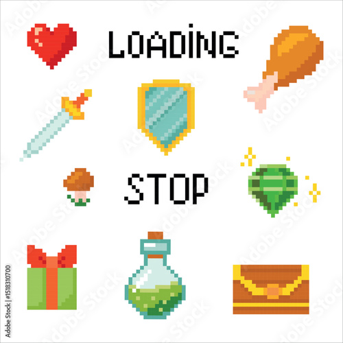 Set of objects. Pixel art. Game elements. Environment for Retro 8 bit icons for old school platformer video game. Vector illustration isolated on white background.
