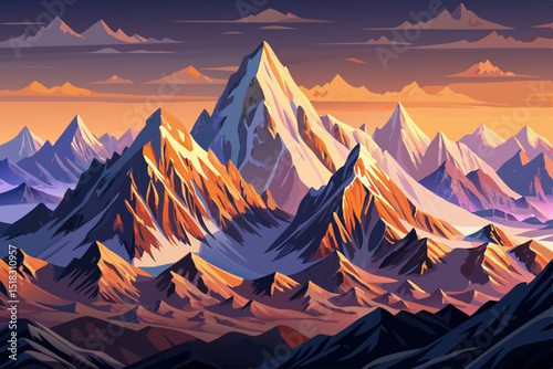 Vector illustration of Himalayan mountain range at dawn, capturing a tranquil morning atmosphere with soft light over peaceful snowy peaks