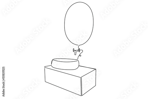 Line Art Round Mirror, Sink and Faucet Illustration Icon. One Continuous Line Home Interior Element.  Plumbing Modern Bathroom Equipment. Doodle Curved Outline Thin Stroke Contour Drawing.