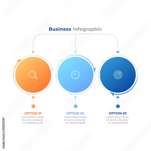 Business infographic template with 3 options and circular flow. Vector illustration. Ideal for showcasing project phases, solutions, or strategies with clear visual direction.