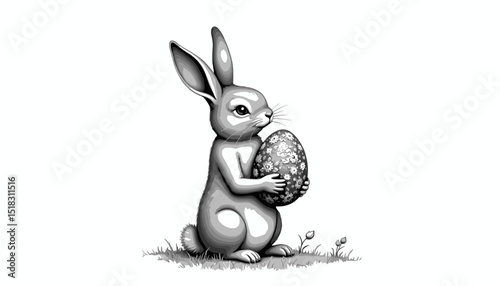 Gray bunny holding a decorative egg in a serene monochrome setting
