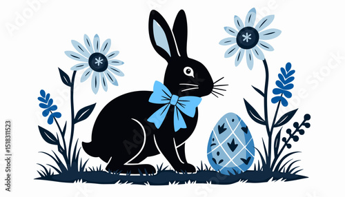 Black bunny with a blue bow beside a decorated egg and flowers in a charming spring setting