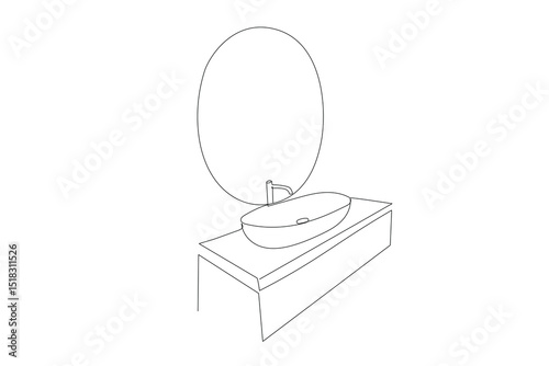 Line Art Round Mirror, Sink and Faucet Illustration Icon. One Continuous Line Home Interior Element.  Plumbing Modern Bathroom Equipment. Doodle Curved Outline Thin Stroke Contour Drawing.