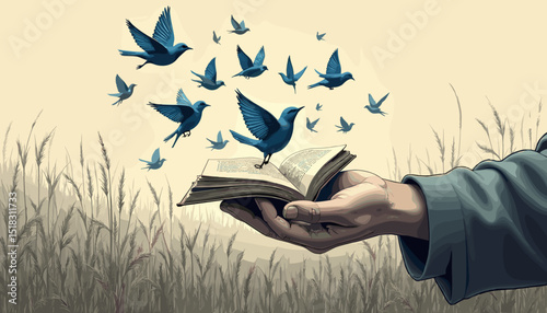 Person with a contemplative mood releasing blue birds from an open book in a grassy background